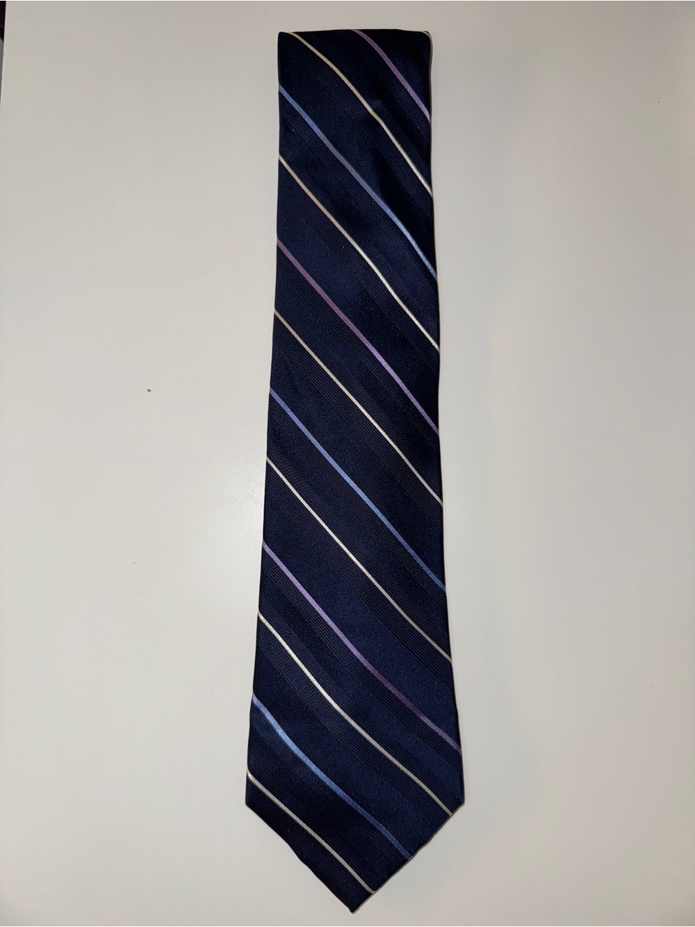 Michael Kors Navy Silk Tie with Blue and Purple Stripes